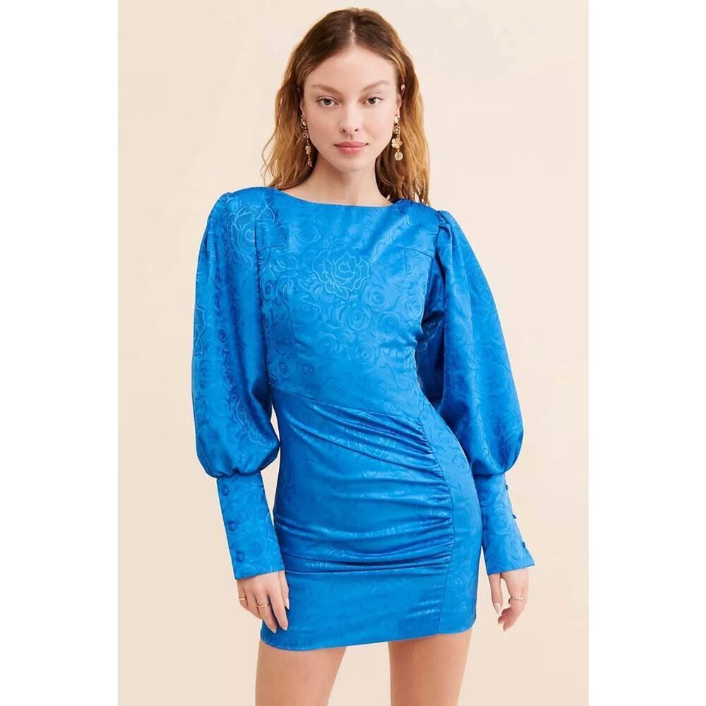 Anthropologie Ghospell Women’s Large Marlow Satin Ruched Puff Sleeve Mini Dress
